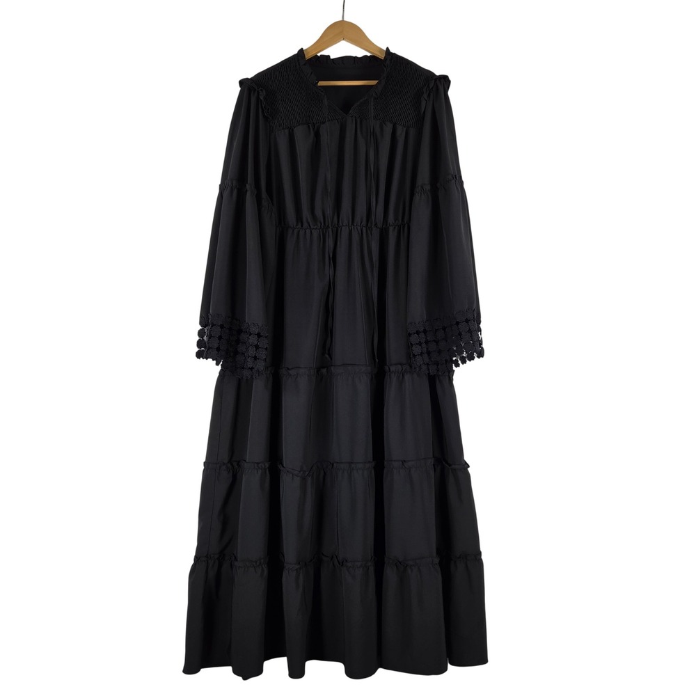 SHEIN Curve Black Tiered Smocked Maxi Dress Crochet Lace Cuff 4XL